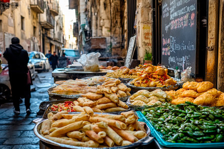 In a lively alley of the city, street vendors showcase a colorful selection of mouthwatering snacks.の素材