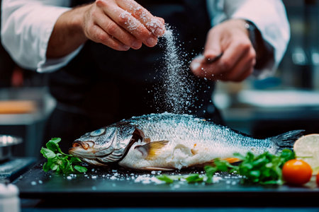 A chef skillfully sprinkles salt over a freshly caught fish adorned with vibrant herbs and citrus. The scene captures the essence of culinary precision and creativity in a modern kitchen setting.の素材