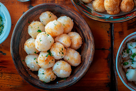 A wooden bowl filled with golden-brown coconut dumplings garnished with fresh herbs. These delicate treats add a festive touch to a joyous gathering, inviting everyone to indulge.の素材