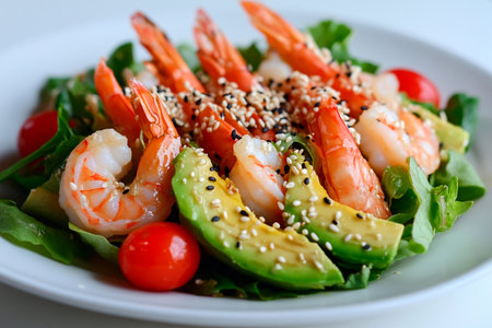 Colorful shrimp salad showcases plump shrimp, creamy avocado slices, and bright cherry tomatoes atop a bed of crisp greens. Perfect for enjoying in bright summer sunshine.の素材