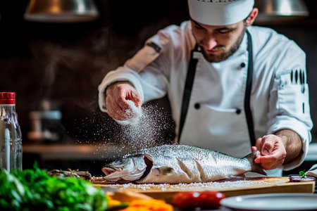 A chef sprinkles salt over a whole skilled fish on a wooden cutting board, surrounded by fresh ingredients and vibrant colors, capturing the essence of culinary artistry and passion.の素材