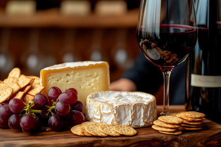 A beautiful arrangement of assorted cheeses paired with fresh grapes and crunchy crackers sits beside a glass of rich red wine, creating the perfect ambiance for a gathering in a rustic wine bar.の素材