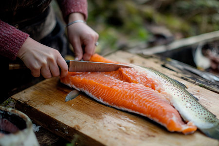 In a serene forest, a skilled chef carefully fillets a fresh salmon on a rustic wooden board. The vibrant orange flesh glistens as the knife glides through, showing culinary artistry amidst nature.の素材