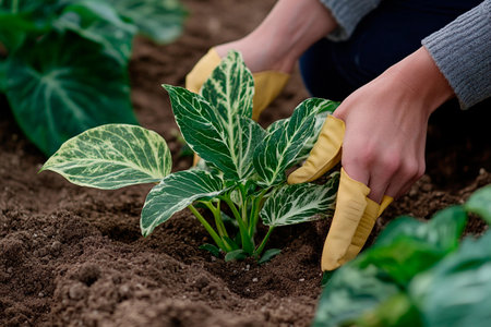 Hands gently place a lush plant into the rich soil, surrounded by thriving greenery.の素材