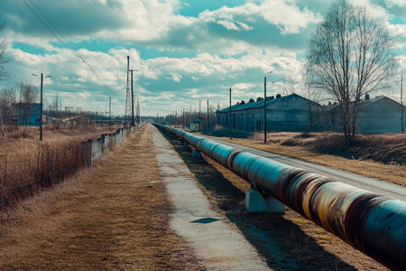 A vast pipeline stretches alongside a quiet road, surrounded by dry grass and sparse buildings. The sky is scattered with clouds, casting shadows on the rugged landscape.の素材