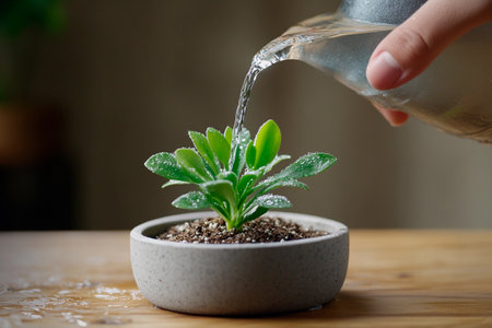 A hand gently pours water into a small pot containing a lush green succulent. Soft light filters through, creating a tranquil ambiance as the plant thrives in its serene indoor environment.の素材