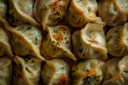 Delicious dumplings are artistically arranged on a wooden platter, their golden edges glistening under warm light. Fresh herbs sprinkle the top, inviting everyone to indulge in this savory delight.の素材