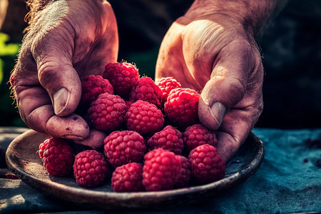 Hands hold gently a plate overflowing with fresh raspberries, showing the vibrant red fruit. The setting is a lush garden, illuminated by warm sunlight, evoking a sense of nature's bounty.の素材