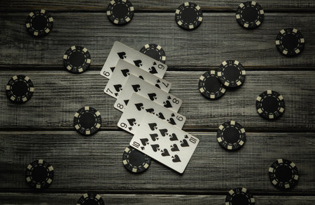 A thrilling poker game unfolds on a rustic wooden table, featuring a straight flush combination and...