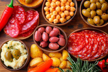 An inviting features spread an array of snacks, including sliced meats, olives, and vibrant vegetables. The layout captures the rich textures and colors, perfect for sharing among friends.の素材