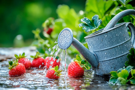 Sunlight bathes fresh strawberries in a vibrant garden setting, while a weathered watering can showers them with droplets. The lush greenery creates a serene and refreshing atmosphere.の素材
