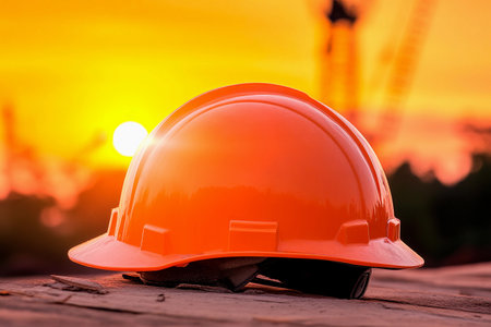 An orange construction helmet lies on wooden planks, bathed in the amber hues of sunset. Silhouetted cranes rise in the background, adding a dramatic touch to the tranquil moment.の素材