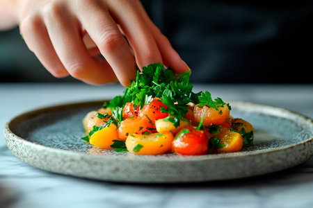 A hand skillfully garnishes a colorful medley of cherry tomatoes and herbs on a textured plate. This moment captures the essence of culinary artistry and fresh flavors.の素材