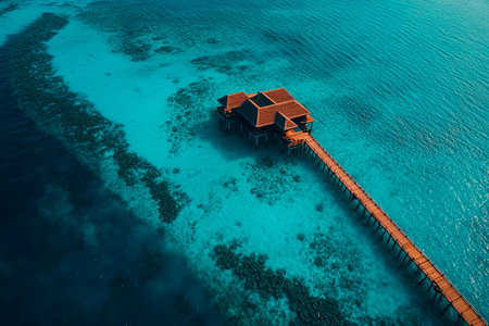 A stunning overwater villa emerges from the crystal-clear ocean, surrounded by vibrant coral reefs. Soft light of dawn casts a magical glow, inviting tranquil moments in this tropical paradise.の素材