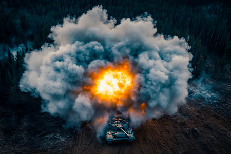 An intense explosion erupts from a tank amidst towering trees in a secluded forest area, creating a dramatic cloud of smoke and flame. The energy and force illustrate the might of military exercises.の素材