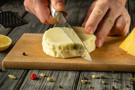 Hands expertly cut through a round piece of cheese, revealing its creamy interior. The rustic wooden...