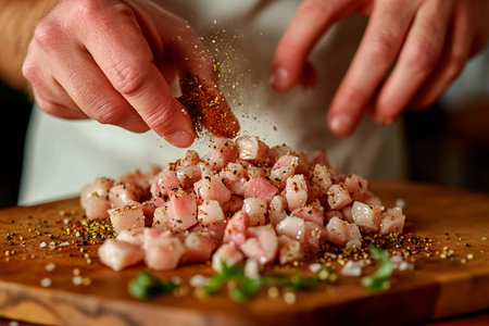 A skilled chef sprinkles a blend of spices over neatly diced chunks of meat on a wooden cutting board. The warm, inviting atmosphere of the kitchen enhances the culinary creativity.の素材