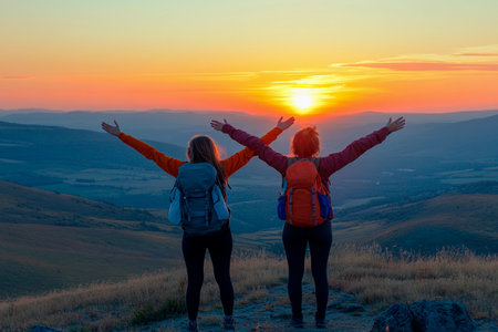 Two women stand atop a mountain, arms outstretched towards the vibrant sunset. The sky glows with hues of orange and pink, while the valley below reveals a patchwork of fields.の素材