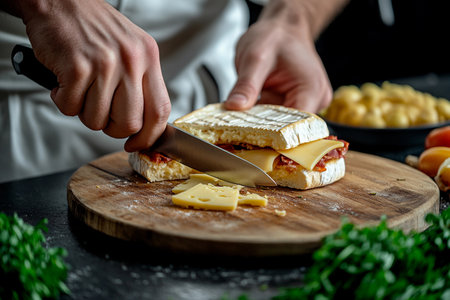 In a cozy kitchen, hands expertly chop cheese and layer it onto fresh bread, bringing together rich flavors. The ambiance is warm, inviting food enthusiasts to enjoy the art of cooking.の素材