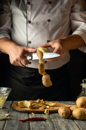 Chef peeling potatoes for French fries with a knife. Work environment on a kitchen table in a restaurant or cafe. European cuisine.の写真素材