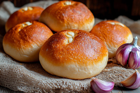 Golden-brown bread rolls sit invitingly on a textured fabric. Fresh garlic cloves accompany them, creating a warm ambiance that evokes homely comfort and delicious aromas.の素材