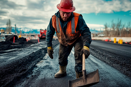 A worker in a hard hat and safety gear meticulously paves a road, focusing intently on the task. The cloudy sky looms above, adding to the intense atmosphere of the construction site.の素材