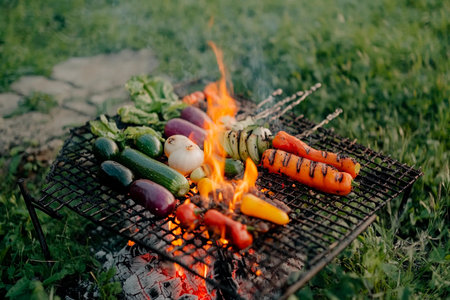 A vibrant display of fresh vegetables sizzling on a grill, nestled in lush greenery as flames dance around them. The setting sun casts a warm glow, enhancing the outdoor cooking experience.の素材