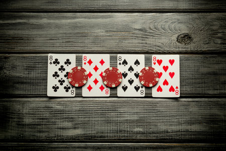 Popular and exciting game of poker. Playing cards with a winning combination of four of a kind or...