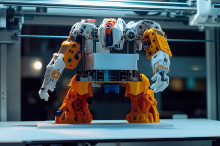 Intricate machinery collaborates under bright lights, showcasing a robot being assembled. Colorful parts come together, reflecting a blend of technology and creativity in the workshop space.の素材