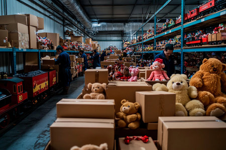 In a sprawling warehouse, workers meticulously sort plush toys and toy trains, preparing for distribution. Cardboard boxes overflow with various cuddly creatures, showcasing a vibrant collection.の素材
