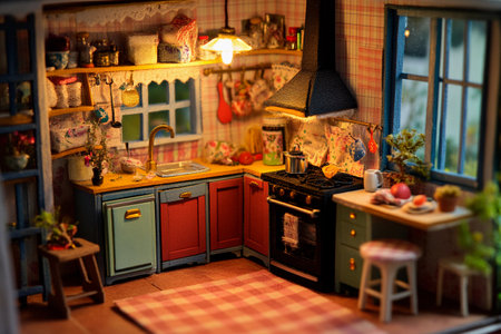 A delightful miniature kitchen brimming with colorful cabinets and charming decor, featuring a stove with a pot simmering, inviting warmth and creativity to every little detail.の素材