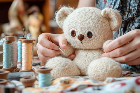 In a quaint workshop, hands delicately sew together a soft teddy bear, surrounded by spools of colorful thread and vibrant fabrics. The warm ambiance invites creativity.の素材