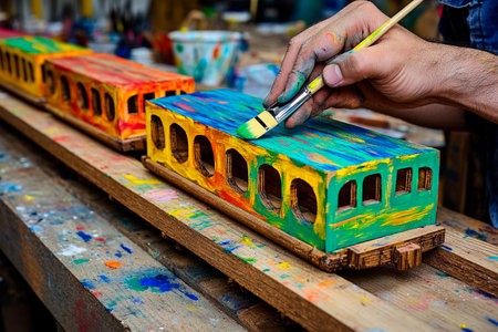 A skilled artisan applies bright, playful paint to a wooden train model, surrounded by splashes of color in a lively workshop. This artistic activity showcases craftsmanship and imagination.の素材