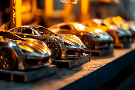 Rows of intricately designed metallic car models catch the warm glow of workshop lights, showcasing expert craftsmanship. The workshop buzzes with creativity and the scent of fresh materials.の素材