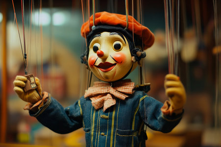 A skilled artisan showcases a beautifully crafted marionette, adorned with a bright orange cap and cheerful expression, in a charming workshop filled with puppets and artistic tools.の素材