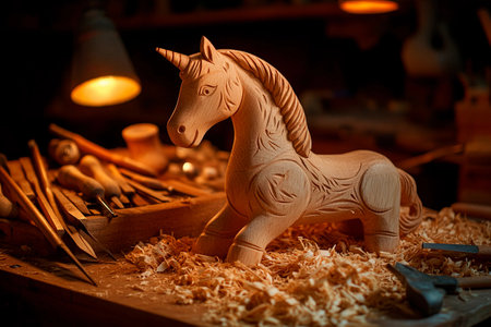A skilled artisan carves a charming wooden unicorn in a warmly lit workshop, surrounded by tools and shavings. The atmosphere is cozy, highlighting creativity and craftsmanship at twilight.の素材