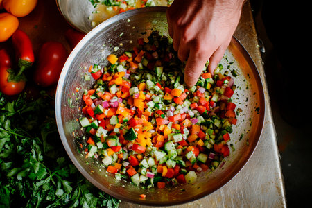 A hand stirs a colorful mix of chopped vegetables in a large metallic bowl. The kitchen is lively with fresh ingredients scattered around, showcasing a burst of colors typical of a delicious salad.の素材