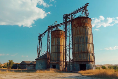 Rusty silos rise prominently over golden fields under a bright blue sky, capturing the essence of pastoral life. The remnants of a bygone era are surrounded by serene nature.の素材