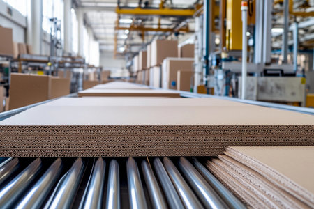 Stacks of corrugated cardboard sheets glide smoothly down a long conveyor belt in a lively manufacturing environment.の素材