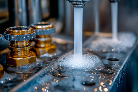 Polished brass faucet handles release streams of water, creating a cascade of bubbles and shimmering reflections.の素材