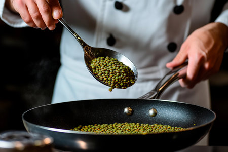 In a bright kitchen, a chef expertly pours green lentils from a spoon into a skillet, showing culinary precision and attention to detail.の素材
