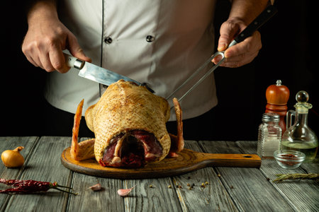Under the warm kitchen light, an experienced chef delicately carves a duck, demonstrating skill and precision. Asian cuisine.の写真素材