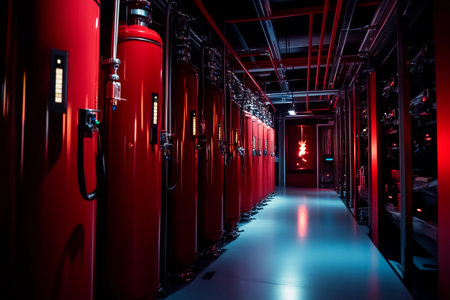 Vivid red storage containers line a modern corridor, illuminated by soft lighting. The atmosphere feels industrial yet artistic, inviting curiosity about the purpose of this intriguing space.の素材