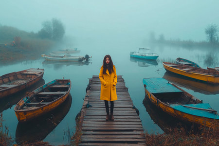 Amidst thick fog, a girl in a vibrant yellow coat stands on a wooden dock. Surrounding her are rustic boats, their hues muted by the mist. The tranquil lake reflects a serene atmosphere.の素材