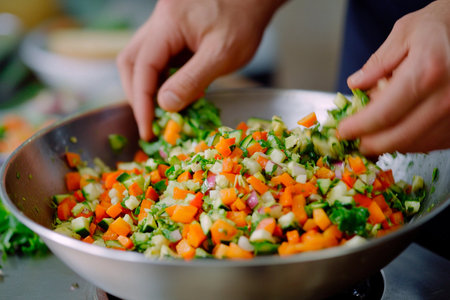 Hands expertly chop vibrant peppers, greens, and onions in a large bowl, creating a tempting medley of fresh vegetables. The atmosphere is lively and filled with culinary anticipation.の素材