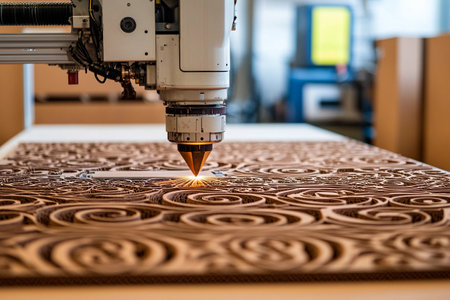 A skilled artisan operates a laser cutter, shaping detailed patterns on a wooden panel. The workshop busts with creativity and advanced technology, showcasing craftsmanship in action.の素材