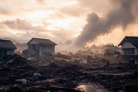 In the fading light of dusk, remnants of homes stand amid twisted debris and mud. Smoke rises ominously into the sky as nature's fury reshapes the landscape in serenity and sorrow.の素材