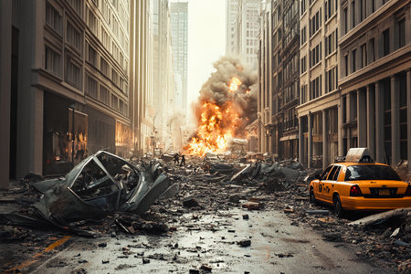 Smoke billows into the sky while flames erupt amidst shattered buildings and tangled wreckage. A lone taxi remains on the pavement, juxtaposing the devastation surrounding it.の素材
