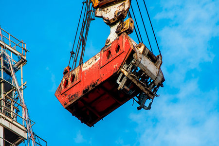 A powerful crane hoists a heavy container high above a construction site, showing the marvels of modern engineering. The clear blue sky enhances the striking contrast of red and white colors.の素材