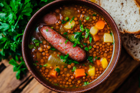 Warm lentil soup steams in a rustic bowl, enriched with vibrant vegetables and a savory sausage. Fresh herbs and bread accompany this comforting dish, evoking a cozy atmosphere.の素材